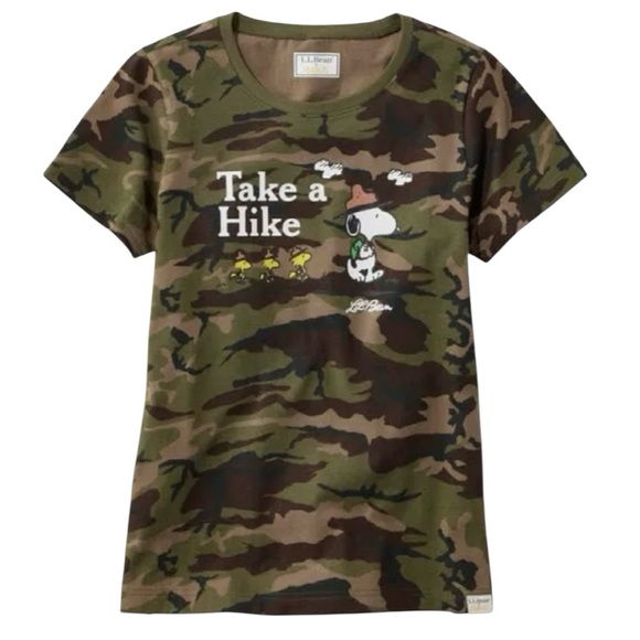 L.L. Bean x Peanuts Camo Print Graphic Cotton Tee Size Large Take A Hike Snoopy - Picture 1 of 8